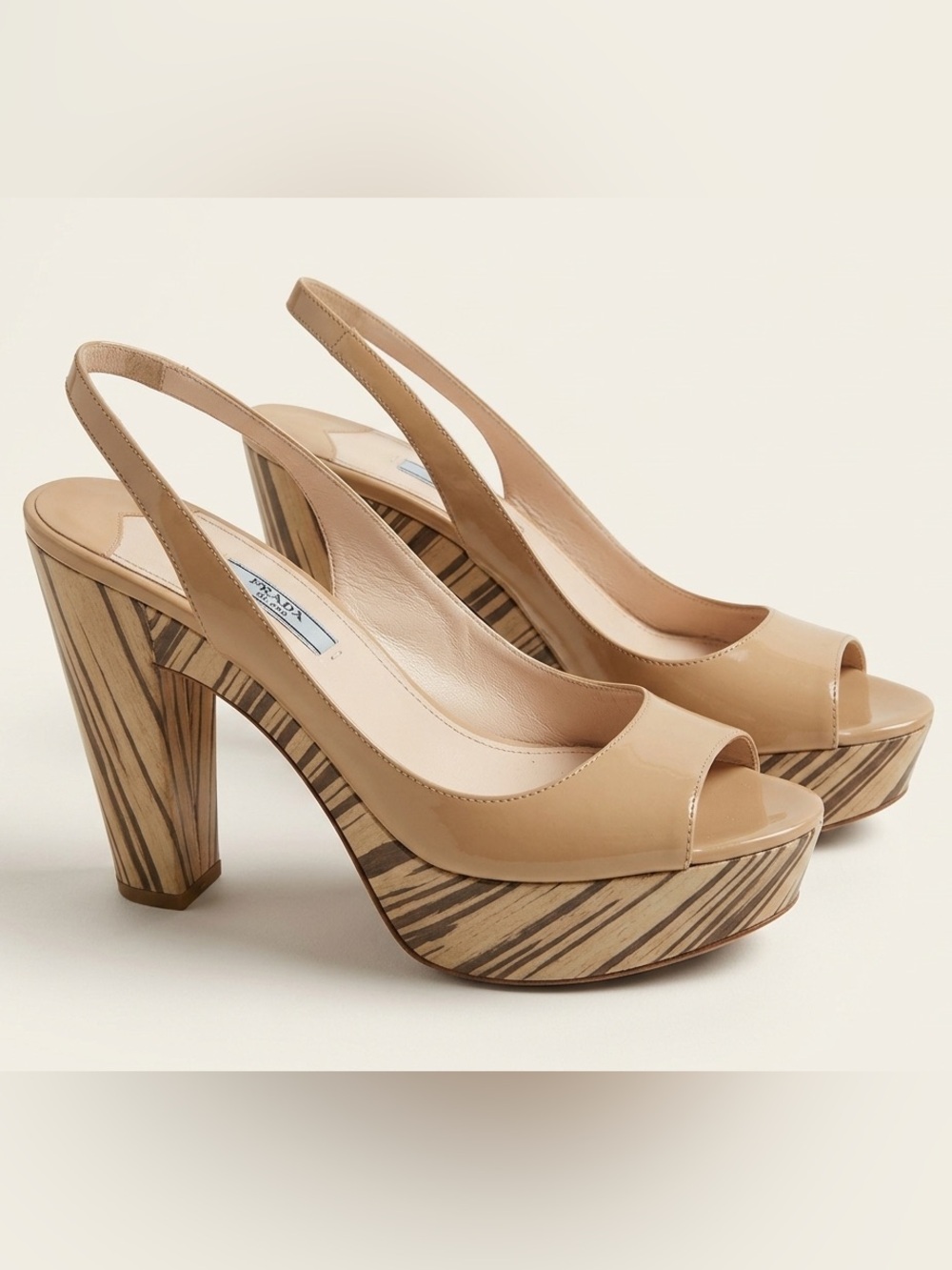 Prada / Beige Patent décolleté Leather Platform Slingbacks - Sz 39 - Italy